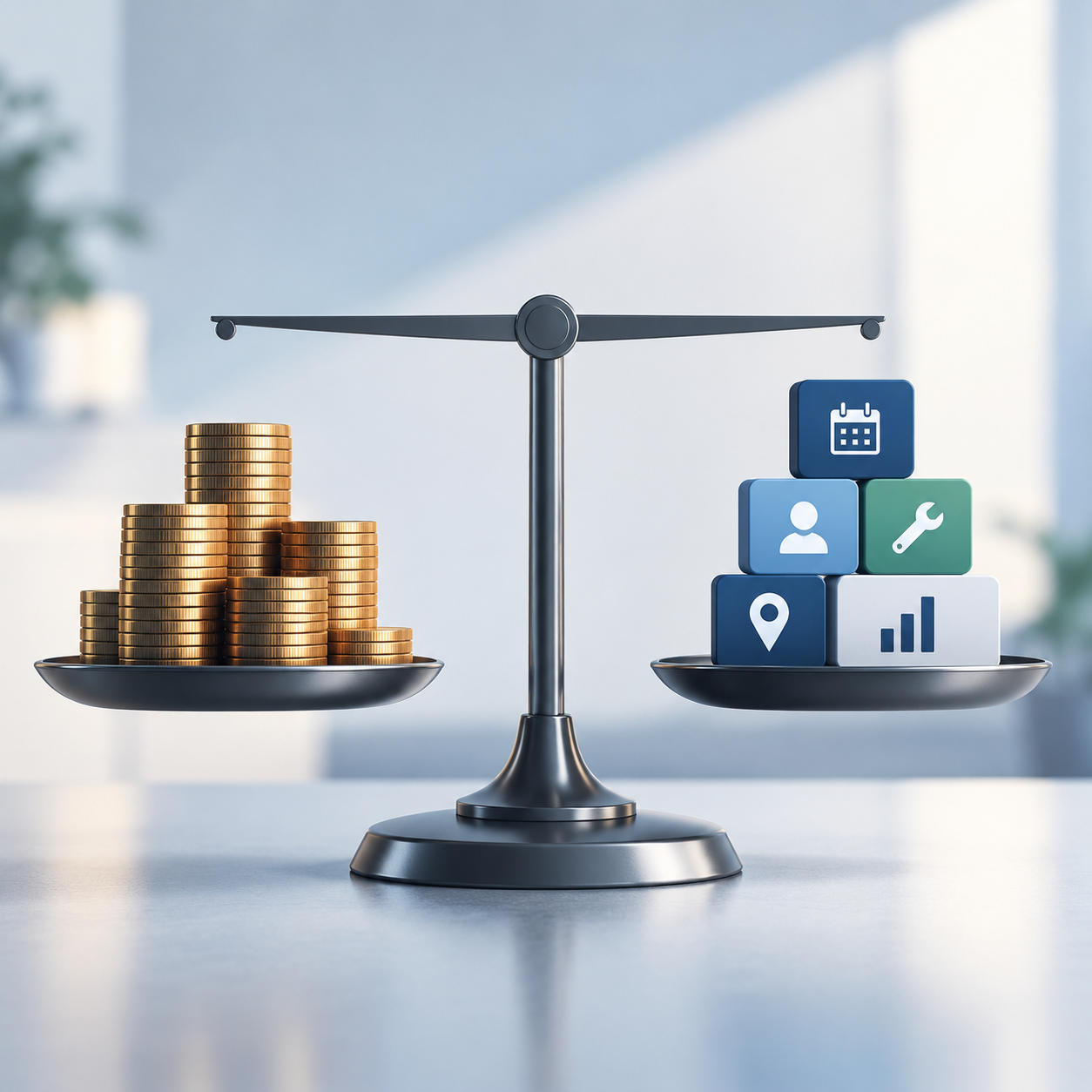 illustration of a digital balance scale weighing stacked coins against modular field service software tiles, representing the cost of field service software.