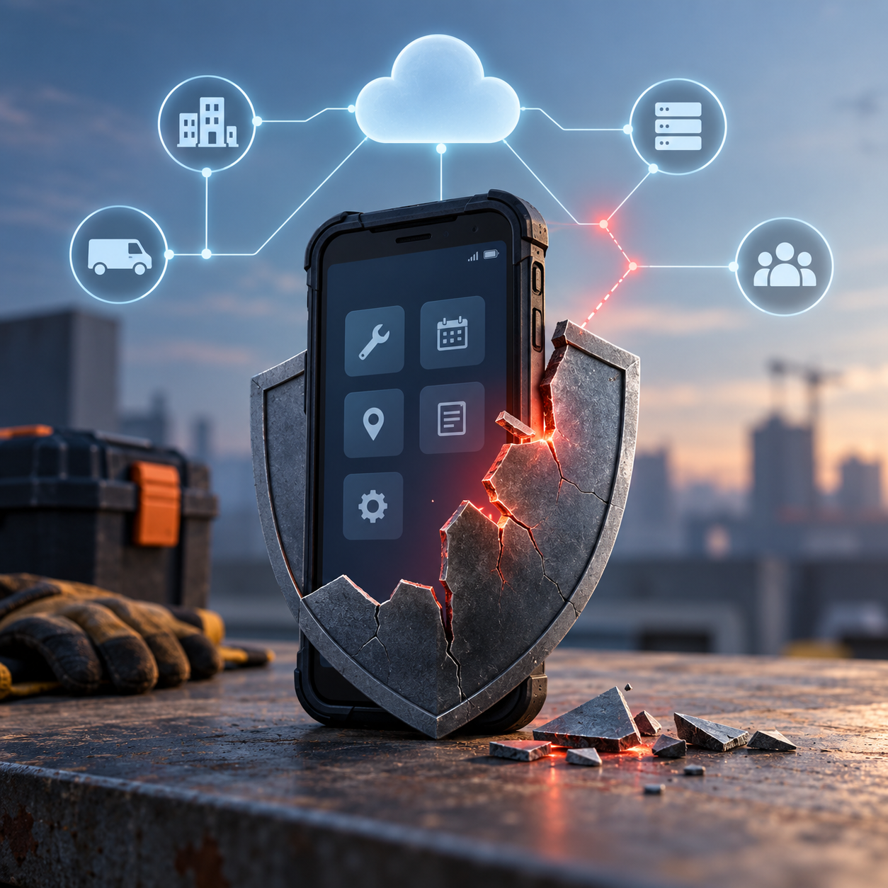 Editorial illustration of a field technician’s smartphone acting as a vulnerable gateway into a connected service network, with a broken security shield around the device.