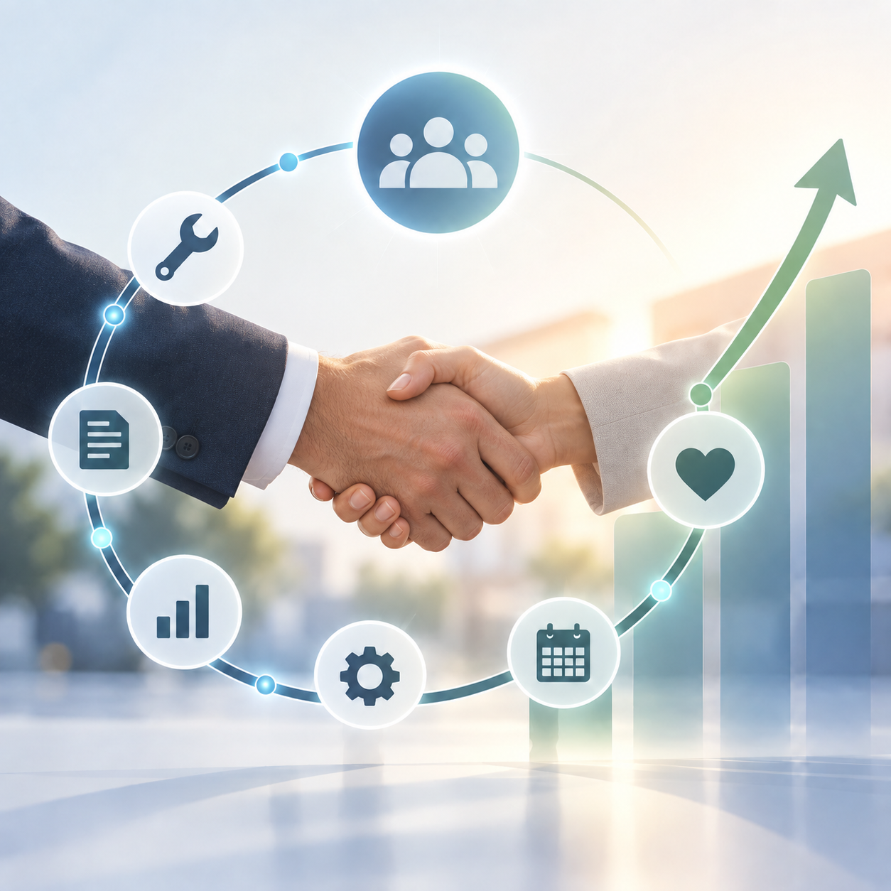 Editorial illustration of a customer relationship loop strengthened by connected service data points and a rising value curve, representing how FSM analytics can increase customer lifetime value.