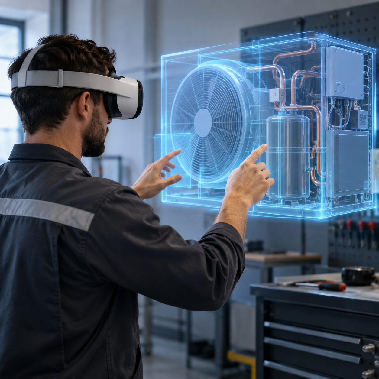 Technician wearing a VR headset practicing on a virtual industrial machine in an immersive training environment.