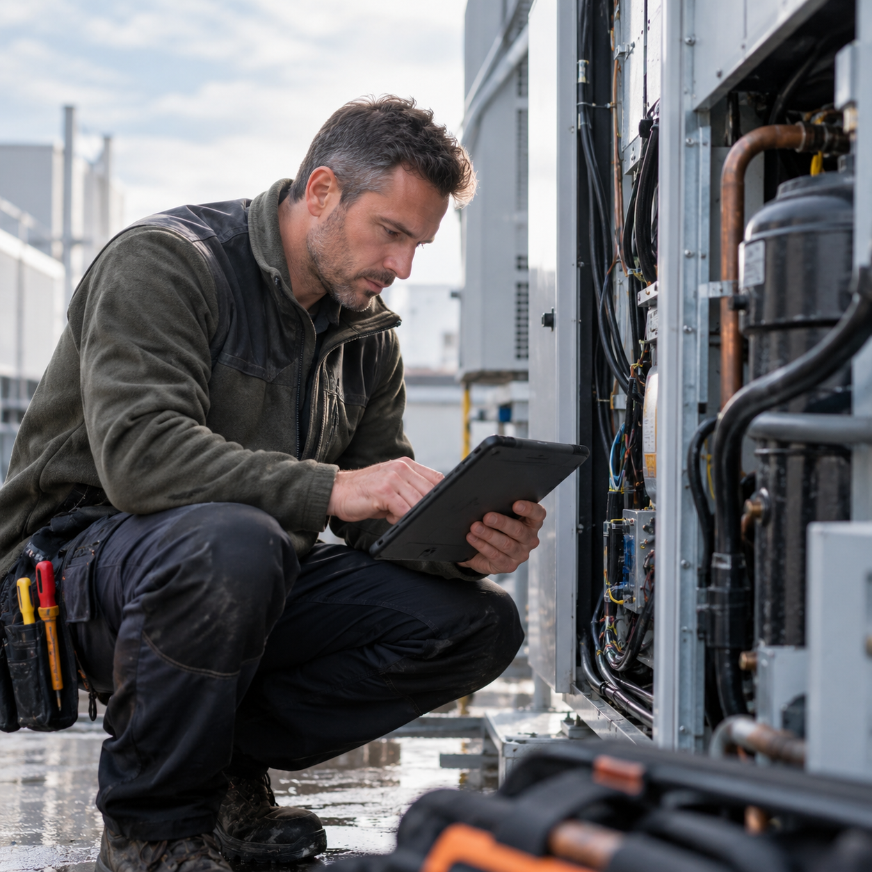 Field service technician using a rugged tablet beside complex industrial equipment, highlighting the challenge of making digital tools work reliably in real-world service environments.