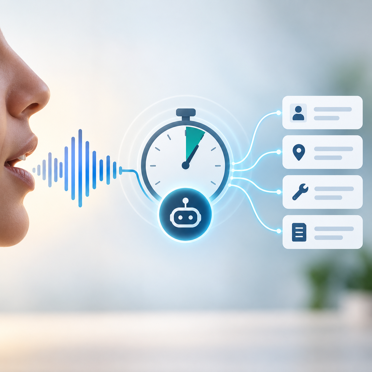 Editorial illustration of a voice waveform entering a five-minute timer and emerging as neatly structured service data, representing AI-powered field service intake.
