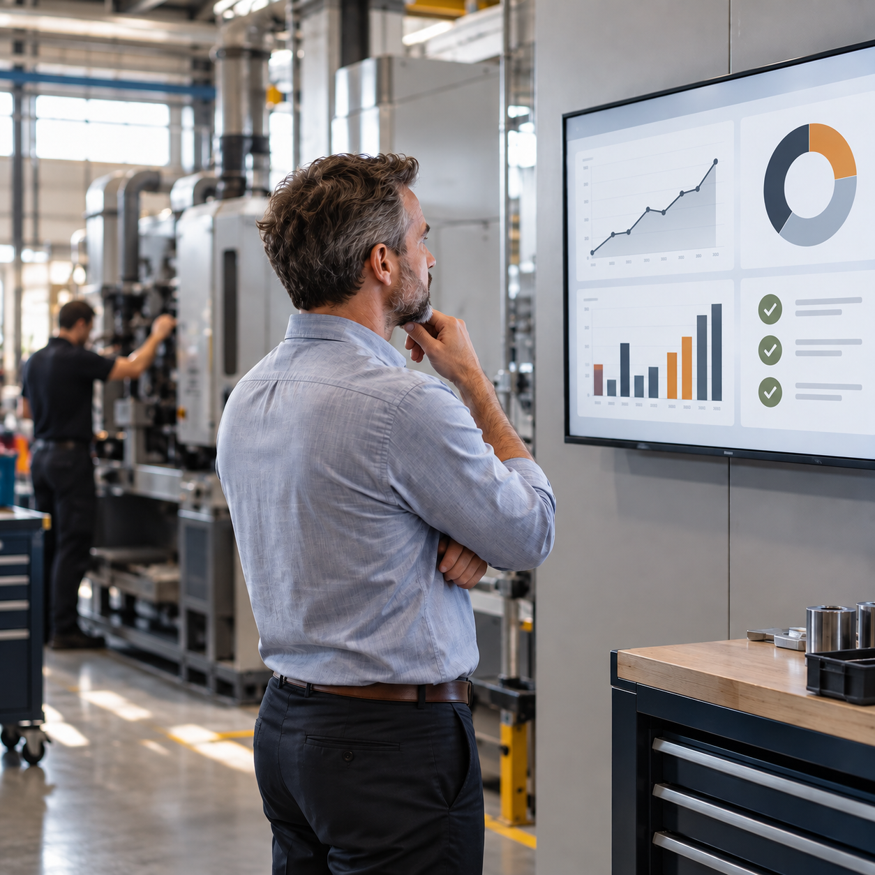 Field service manager reviewing outcome-focused performance metrics beside operational equipment in a modern service facility.