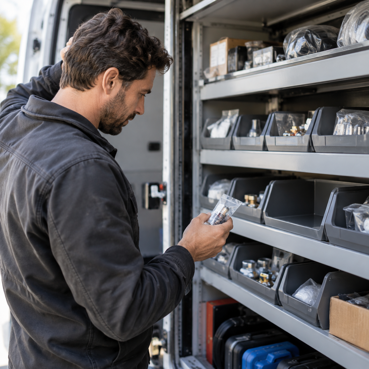 Photorealistic close-up of a field service technician at an open service van checking organized spare parts compartments, with one needed component visibly missing from its labeled slot.