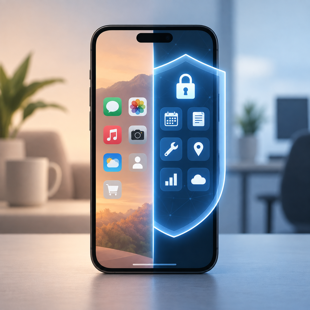 Editorial illustration of a smartphone divided into personal and protected work zones, with a shield around the work side to represent secure BYOD access for field technicians.