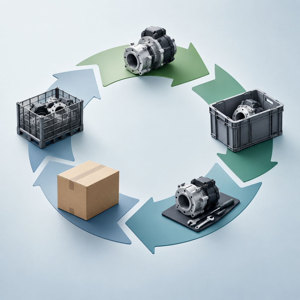 Editorial illustration of industrial components moving through a simple circular return and reuse loop, representing recyclable parts and reverse logistics in field service.