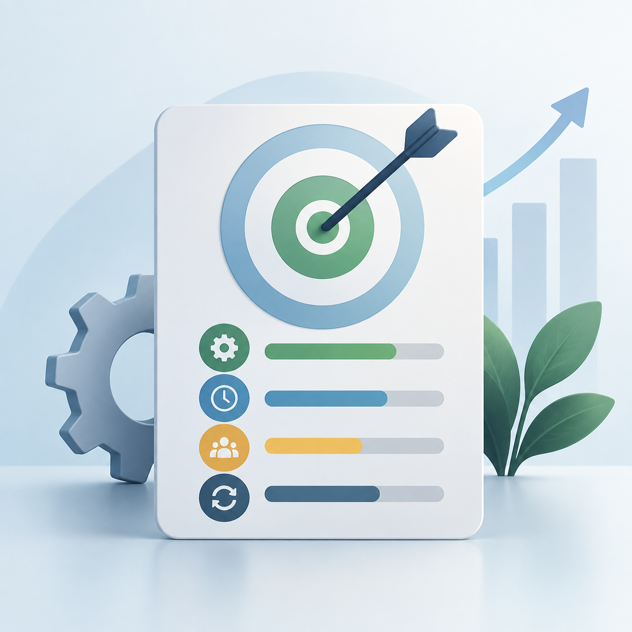 Editorial illustration of a simplified performance scorecard centered on a clear outcome target, with a few surrounding KPI indicators representing field service results.