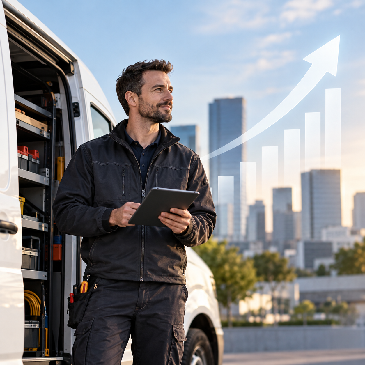 Field service technician standing beside a service van holding a tablet, with an upward growth chart symbolizing field service as a revenue driver.