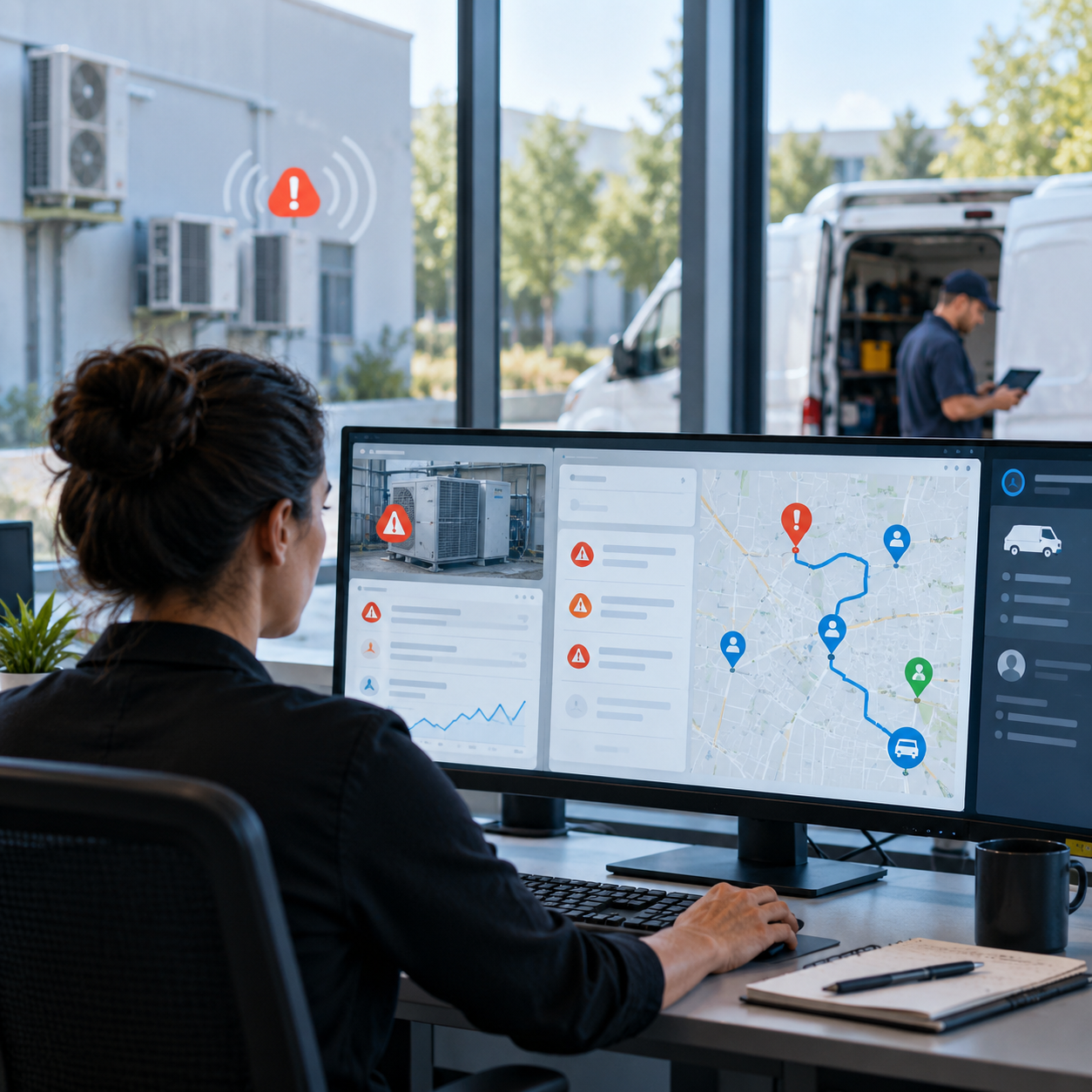 Editorial illustration of a connected industrial asset sending an IoT alert into a dispatch decision flow that routes issues to remote support, planned maintenance, or a field technician.