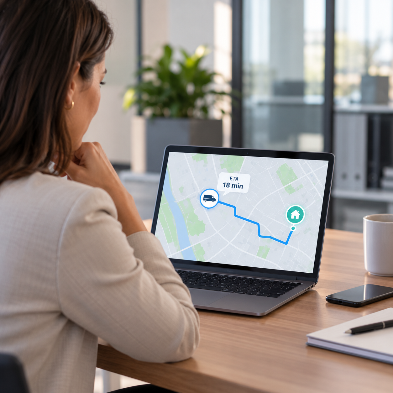 Business customer checking a live technician arrival map on a smartphone inside a modern office, with no technician or service vehicle visible.