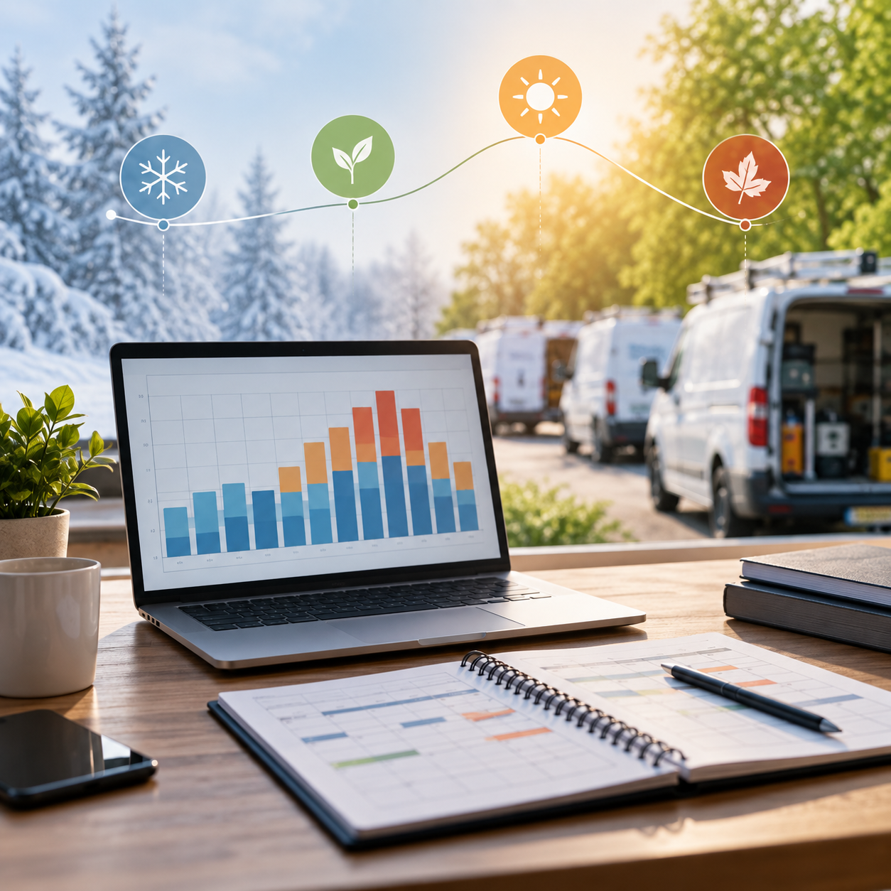 Laptop showing seasonal service demand charts beside a planning calendar, with service vans and seasonal weather symbols representing changing field service capacity needs.
