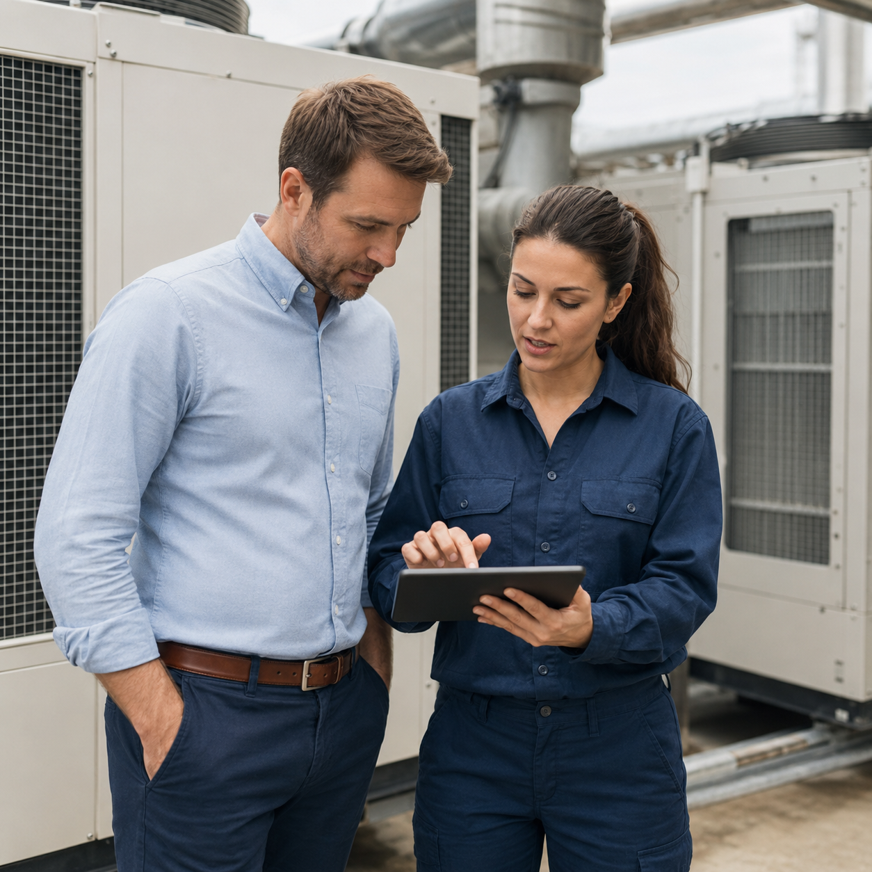 Alt text: Field service technician reviewing an industrial maintenance plan with a customer