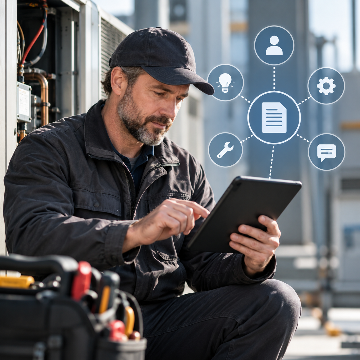 Field service technician documenting a complex equipment repair together, with one explaining the fault while the other captures photos and notes for future reference
