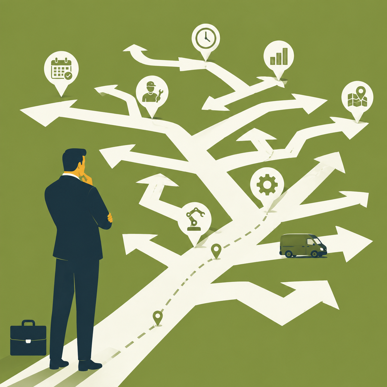 AI-powered field service management illustrated as multiple service routes, scheduling choices, technician assignments, and operational decisions.