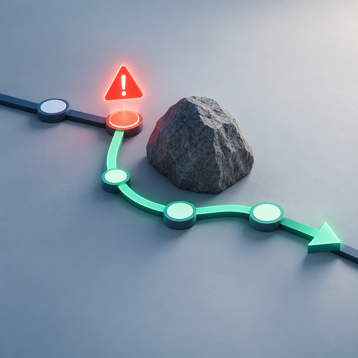 Abstract editorial illustration of a disrupted service workflow being rerouted around one exception and reconnecting to a stable path.