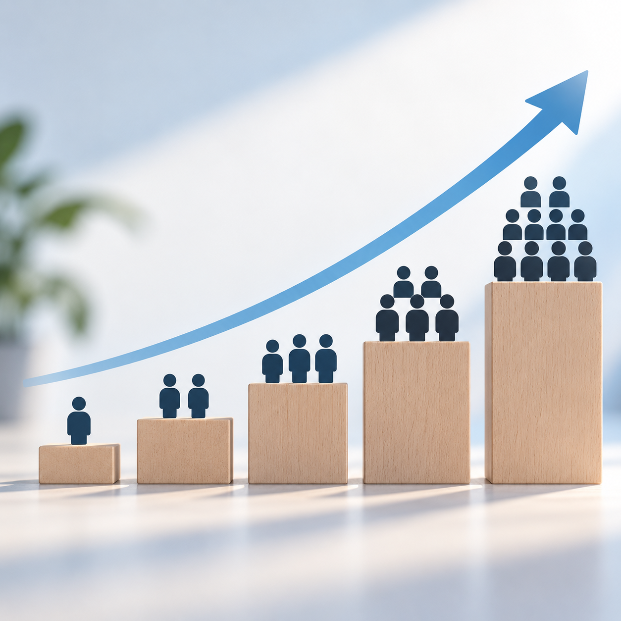 illustration of field service team icons increasing in number along a rising growth path to represent scalable operations.
