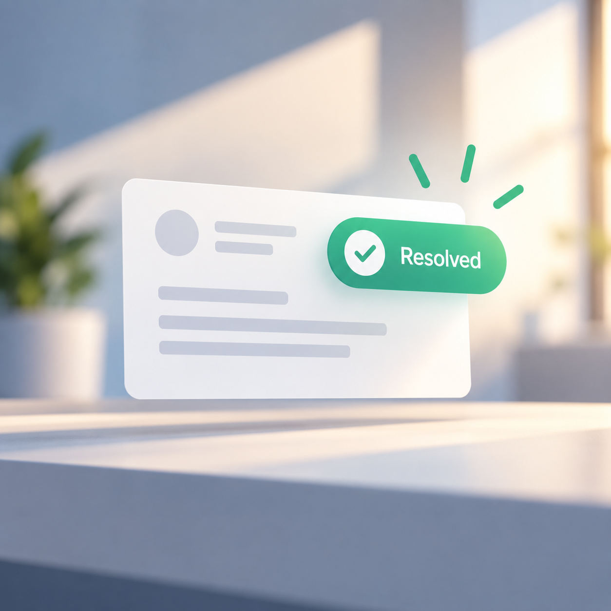 Minimal editorial illustration of a service report card with only the word “Resolved”