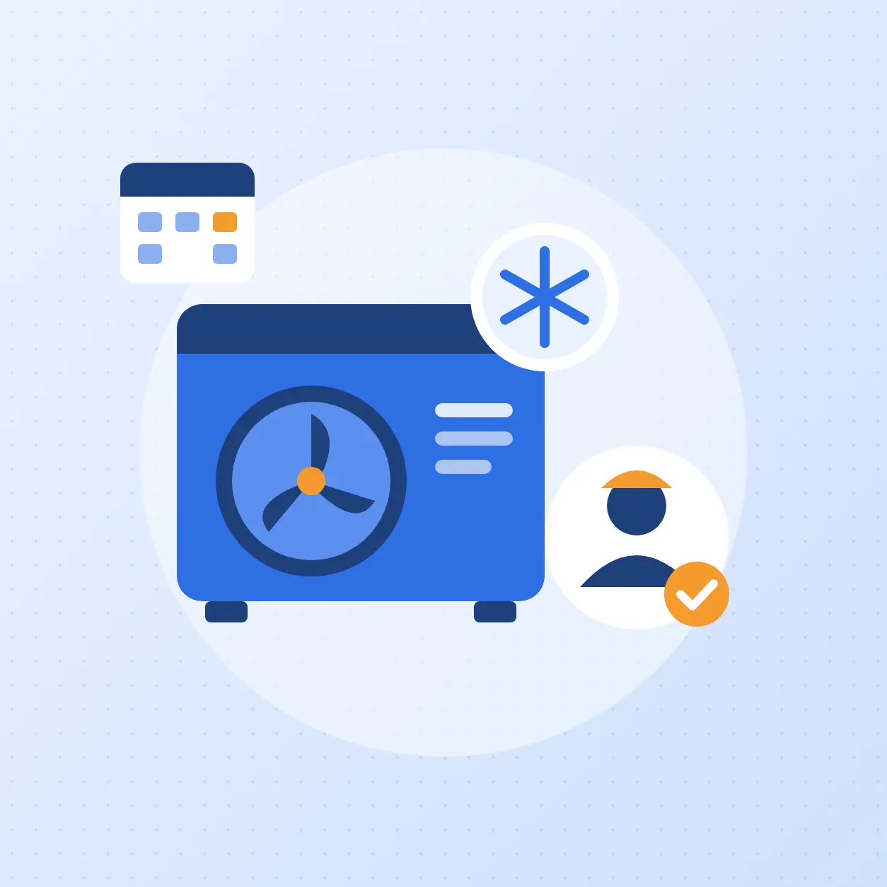 Flat illustration of a refrigeration condensing unit with a snowflake icon, a qualified technician badge and a scheduling calendar