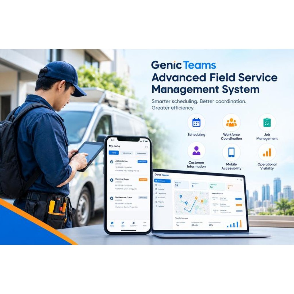 Genic Teams advanced field service management system with mobile scheduling, workforce coordination, job management, and operational visibility.
