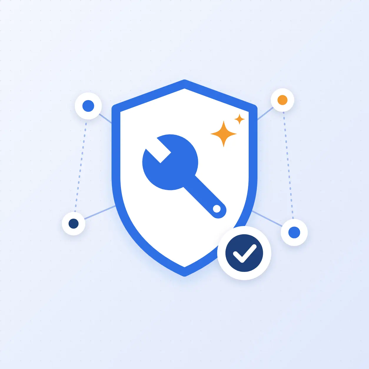 Shield with a wrench, AI sparkle and approval check mark, representing governed AI in field service