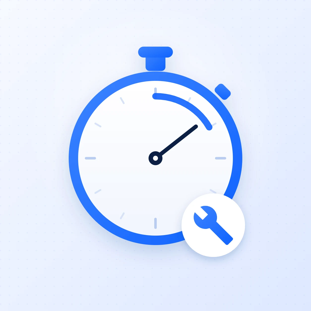 Blue stopwatch with a wrench badge, illustrating mean time to repair (MTTR) in field service